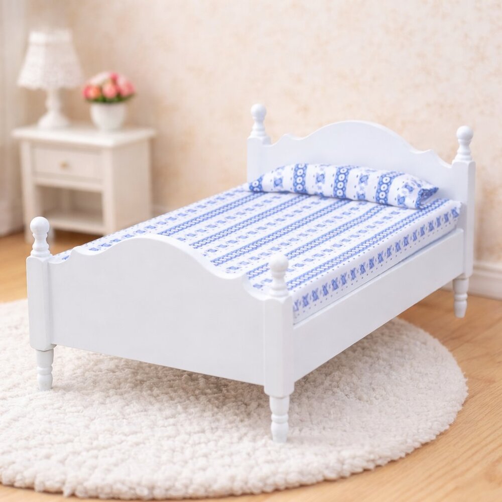 Miniature Dollhouse Bed - White Wooden Frame Blue Floral Bedding 1:12 Scale. NEW